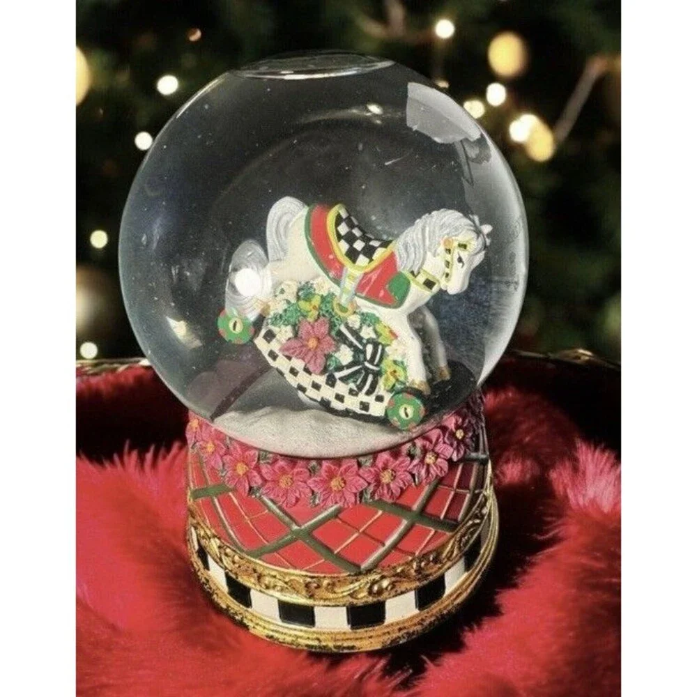 McKenzie Childs Designer Glitter Floral Carousel Horse Snowglobe Music Box Works